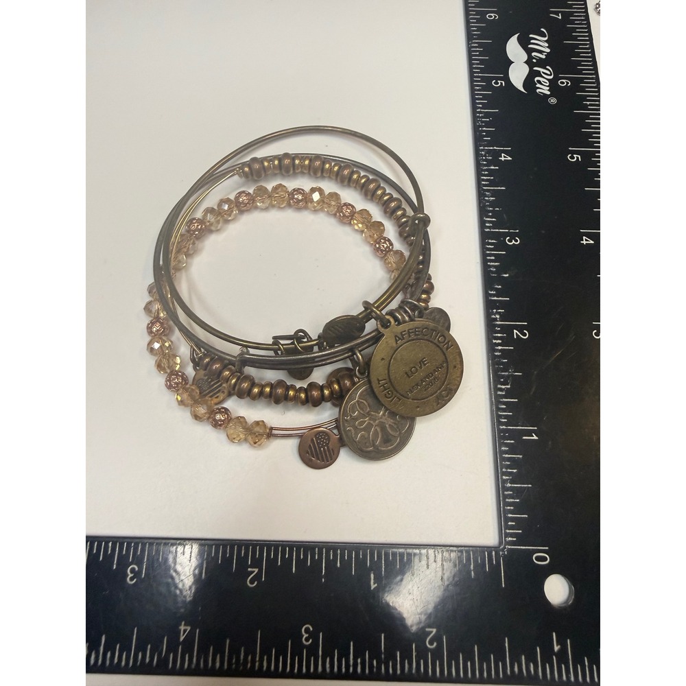 Alex and Ani Bangle Bracelet Set 4pc Antique Gold Copper Crystal Beaded Charm